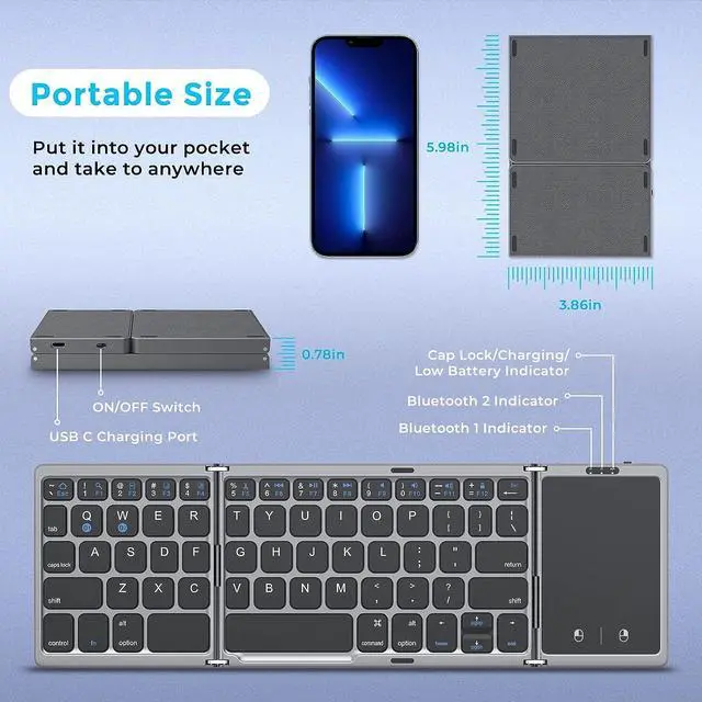Alt view image 10 of 14 - Foldable Bluetooth Keyboard for Travel Tri-Folding Wireless Portable Keyboard with Touchpad Rechargeable Multi-Device Small Keyboard for Laptop Tablet PC Smartphone Windows iOS Android