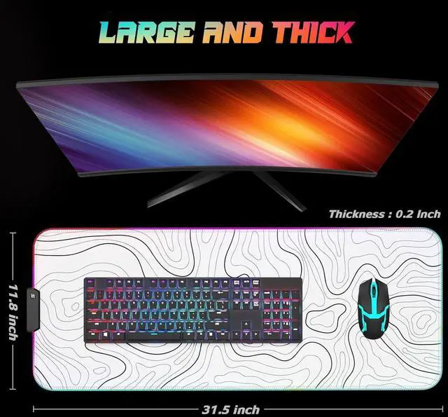 Alt view image 8 of 12 - RGB Gaming Mouse Pad Full Desk XL Extended Large Gaming Mousepad 12 Lighting Modes 30% Thicker Big LED Desk Mat for Keyboard Computer Men Gamers 32 x 12 Topographic Contour White
