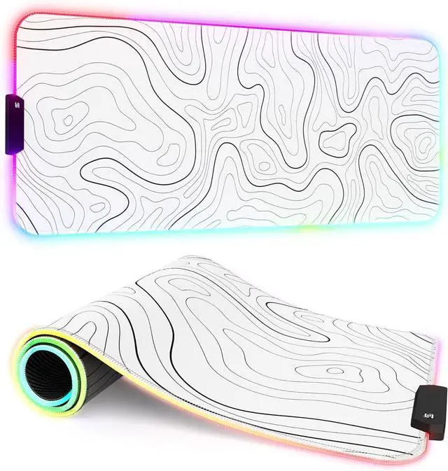 Alt view image 7 of 12 - RGB Gaming Mouse Pad Full Desk XL Extended Large Gaming Mousepad 12 Lighting Modes 30% Thicker Big LED Desk Mat for Keyboard Computer Men Gamers 32 x 12 Topographic Contour White