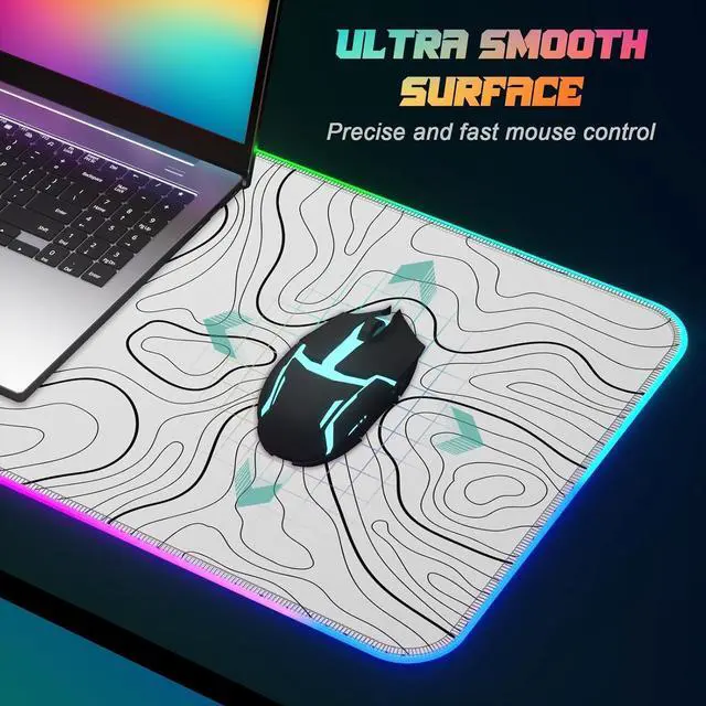 Alt view image 10 of 12 - RGB Gaming Mouse Pad Full Desk XL Extended Large Gaming Mousepad 12 Lighting Modes 30% Thicker Big LED Desk Mat for Keyboard Computer Men Gamers 32 x 12 Topographic Contour White