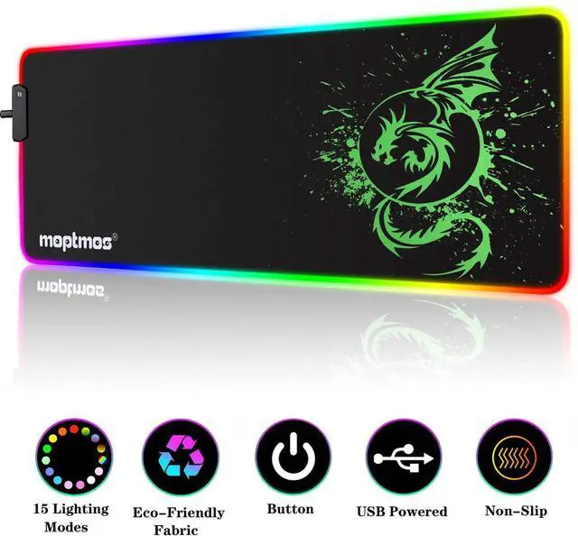 Alt view image 8 of 14 - RGB Gaming Mouse Pad, Soft Extra Large LED Mouse Pad with 15 Lighting Modes,Anime Dragon Mouse Pad Mat,Smooth Surface Waterproof Gamer Mouse Pad for Computer 31.5 X 12 Inch (Green)