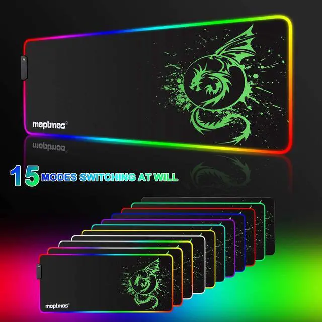 Alt view image 9 of 14 - RGB Gaming Mouse Pad, Soft Extra Large LED Mouse Pad with 15 Lighting Modes,Anime Dragon Mouse Pad Mat,Smooth Surface Waterproof Gamer Mouse Pad for Computer 31.5 X 12 Inch (Green)