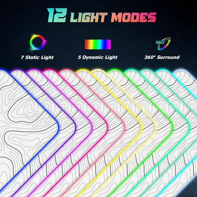 Alt view image 9 of 12 - RGB Gaming Mouse Pad Full Desk XL Extended Large Gaming Mousepad 12 Lighting Modes 30% Thicker Big LED Desk Mat for Keyboard Computer Men Gamers 32 x 12 Topographic Contour White