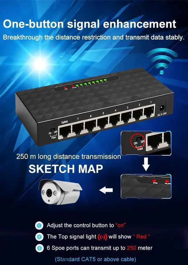 Alt view image 7 of 10 - 8 Port Spoe Switch 250M SPOE Power Over Ethernet Switch 90W Power Adapter for Network IP Cameras Or Wireless AP/ 6 PoE Splitter