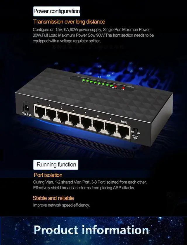 Alt view image 9 of 10 - 8 Port Spoe Switch 250M SPOE Power Over Ethernet Switch 90W Power Adapter for Network IP Cameras Or Wireless AP/ 6 PoE Splitter