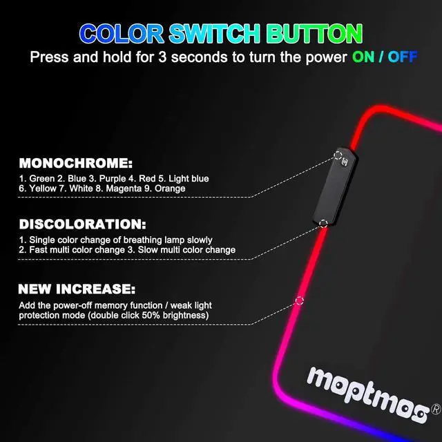 Alt view image 11 of 14 - RGB Gaming Mouse Pad, Soft Extra Large LED Mouse Pad with 15 Lighting Modes,Anime Dragon Mouse Pad Mat,Smooth Surface Waterproof Gamer Mouse Pad for Computer 31.5 X 12 Inch (Green)