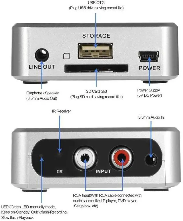 Alt view image 8 of 10 - Audio Capture Recorder Music Digitizer 3.5mm RCA IN Ports Save into SD Card USB Disk MP3 File with Remote Controller