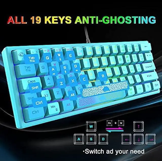 Alt view image 12 of 14 - 60% Gaming Keyboard and Mouse Combo Rainbow LED Backlit Keyboard with 61 Keys Membrane Mini Portable Ergonomic Design Ultralight Gaming Mouse 6400 DPI,Gaming Mouse Pad for Windows PC Gamers(Blue)