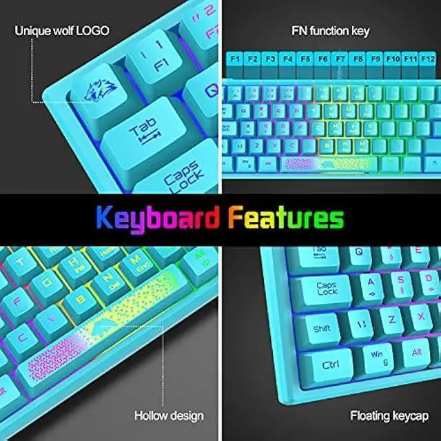 Alt view image 13 of 14 - 60% Gaming Keyboard and Mouse Combo Rainbow LED Backlit Keyboard with 61 Keys Membrane Mini Portable Ergonomic Design Ultralight Gaming Mouse 6400 DPI,Gaming Mouse Pad for Windows PC Gamers(Blue)
