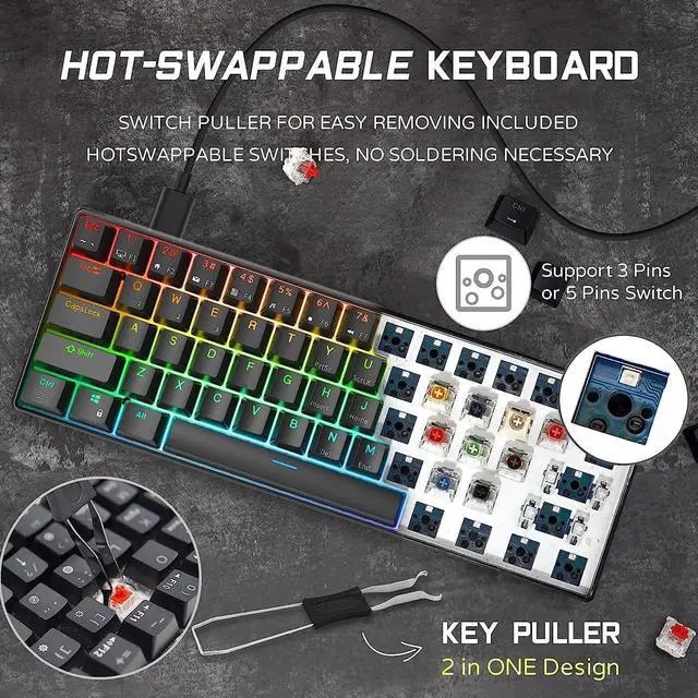 Alt view image 10 of 14 - RK ROYAL KLUDGE RK61 Wired 60% Mechanical Gaming Keyboard RGB Backlit Ultra-Compact Hot Swappable Red Switch Black