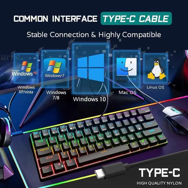 Alt view image 13 of 14 - RK ROYAL KLUDGE RK61 Wired 60% Mechanical Gaming Keyboard RGB Backlit Ultra-Compact Hot Swappable Red Switch Black
