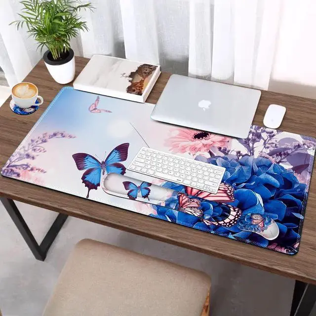 Alt view image 9 of 14 - AIMSA Large Gaming Mouse Pad Set, Keyboard Wrist Rest Support Mouse Pad, Ergonomic Memory Foam Multifunctional Extended Desk Mat 35x15.7in Anti-Slip Rubber Base for Office Home, Butterfly Flower