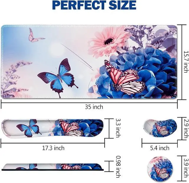 Alt view image 10 of 14 - AIMSA Large Gaming Mouse Pad Set, Keyboard Wrist Rest Support Mouse Pad, Ergonomic Memory Foam Multifunctional Extended Desk Mat 35x15.7in Anti-Slip Rubber Base for Office Home, Butterfly Flower