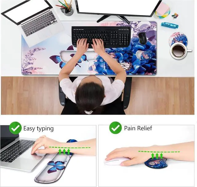 Alt view image 12 of 14 - AIMSA Large Gaming Mouse Pad Set, Keyboard Wrist Rest Support Mouse Pad, Ergonomic Memory Foam Multifunctional Extended Desk Mat 35x15.7in Anti-Slip Rubber Base for Office Home, Butterfly Flower