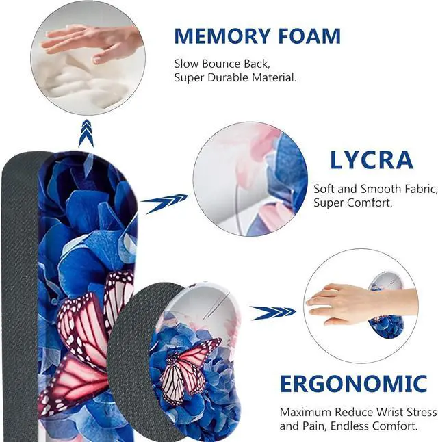 Alt view image 14 of 14 - AIMSA Large Gaming Mouse Pad Set, Keyboard Wrist Rest Support Mouse Pad, Ergonomic Memory Foam Multifunctional Extended Desk Mat 35x15.7in Anti-Slip Rubber Base for Office Home, Butterfly Flower