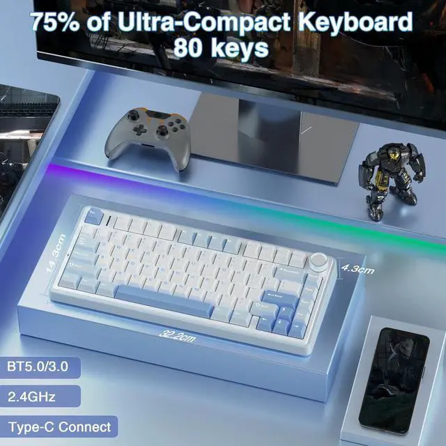 Alt view image 10 of 15 - AULA F75 75% Wireless Mechanical Keyboard,Gasket Hot Swappable Custom Keyboard,Pre-lubed Greywood Switch RGB Backlit Gaming Keyboard,2.4GHz/Type-C/BT5.0 Keyboard (Salt White Blue)