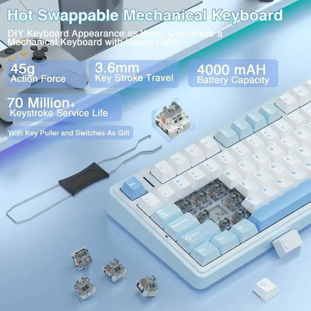 Alt view image 13 of 15 - AULA F75 75% Wireless Mechanical Keyboard,Gasket Hot Swappable Custom Keyboard,Pre-lubed Greywood Switch RGB Backlit Gaming Keyboard,2.4GHz/Type-C/BT5.0 Keyboard (Salt White Blue)