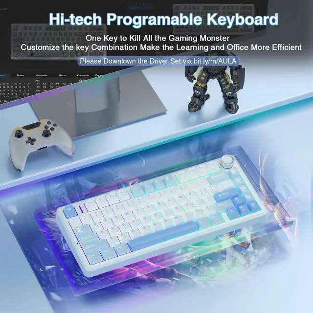 Alt view image 14 of 15 - AULA F75 75% Wireless Mechanical Keyboard,Gasket Hot Swappable Custom Keyboard,Pre-lubed Greywood Switch RGB Backlit Gaming Keyboard,2.4GHz/Type-C/BT5.0 Keyboard (Salt White Blue)
