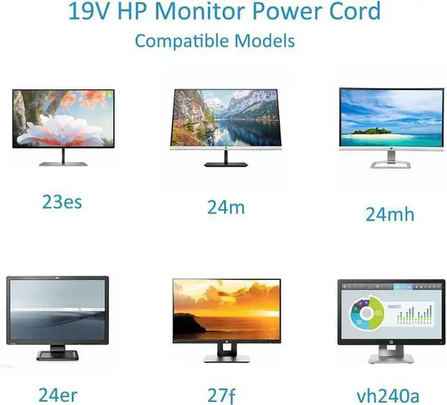 Alt view image 9 of 14 - for HP Monitor Power Cord 27" 25" 23.8" 23" 21.5" 20" 19V Power Supply HP Monitor 27f 24f 22cwa 24m 23er 23es 27eb 32f vh240a 24ea 27 25vx 27es ADPC1945 IPS LED Backlit Full HD Display