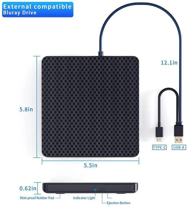 Alt view image 9 of 10 - POTVMOSL External Compatible Bluray Player Read and Write Portable Burner Compatible with USB 3.0 and Type-C Port/Win 7-11/MAC OS Compatible for Reading BD/DVD/CD