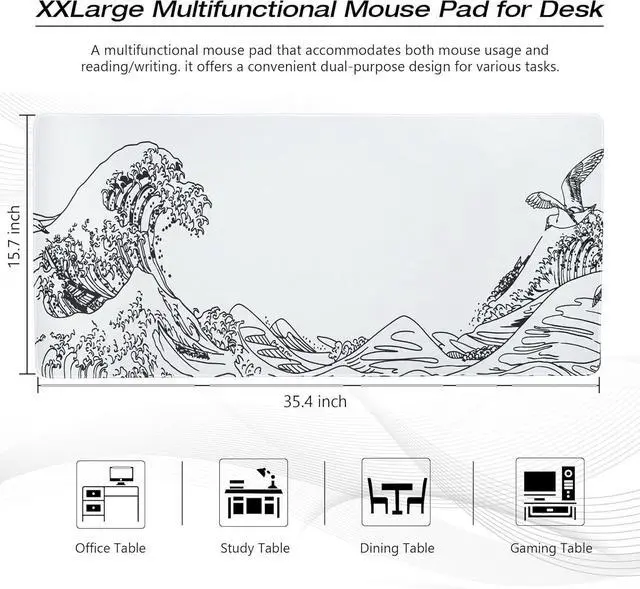 Alt view image 9 of 14 - Large Gaming Mouse Pad for Desk Kanagawa XXL Mouse Pad 35.4x15.7 Inch Waterproof Desk Pad Non-Slip Rubber Base Mice Pad Keyboard Pad Computer Mat White Mouse pad
