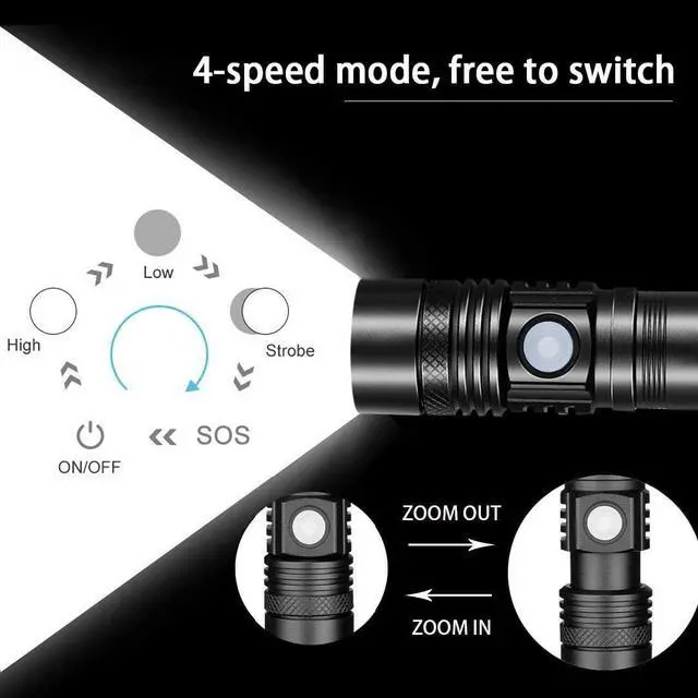 Alt view image 11 of 14 - Rechargeable Flashlight Pocket-Sized Torch with Super Bright 1200 Lumens T6 LED Water Resistant Zoomable LED Tactical Flashlights with Clip 4 Modes for Camping Hiking and Emergency(2 Pack)