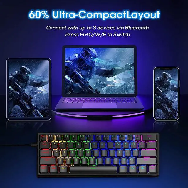 Alt view image 9 of 14 - 60% Wireless Mechanical Keyboard, 2.4G/Type-C/Bluetooth Keyboard with RGB Backlit, Clicky Blue Switch, 61 Keys Mini Office Wired Gaming Keyboard for iPad Mac Windows Xbox Gamer, Easy to Carry on Trip