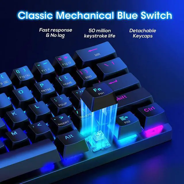 Alt view image 12 of 14 - 60% Wireless Mechanical Keyboard, 2.4G/Type-C/Bluetooth Keyboard with RGB Backlit, Clicky Blue Switch, 61 Keys Mini Office Wired Gaming Keyboard for iPad Mac Windows Xbox Gamer, Easy to Carry on Trip
