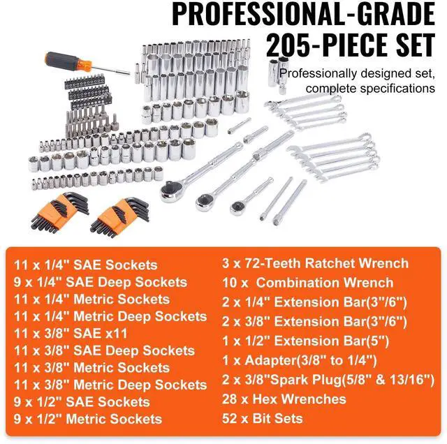 Alt view image 18 of 20 - VEVOR Mechanics Tool Set and Socket Set, 1/4" 3/8" 1/2" Drive Deep and Standard Sockets, 205 Pcs SAE and Metric Mechanic Tool Kit with Bits, Combination Wrench, Hex Wrenches, Accessories, Storage Case