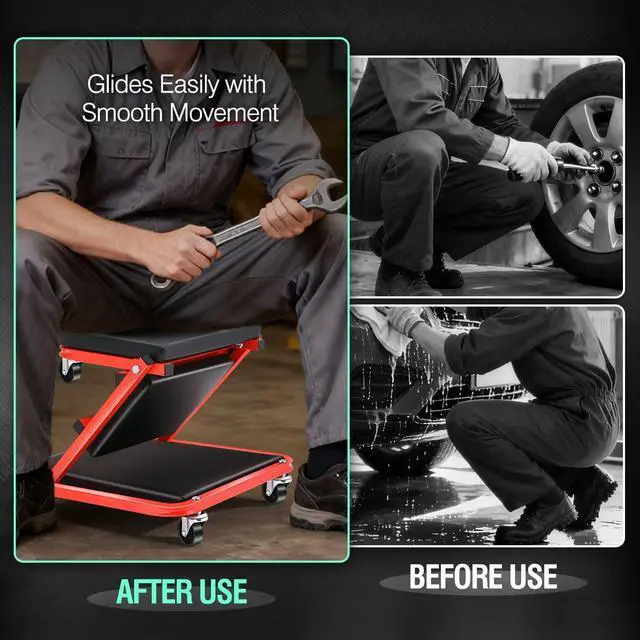 Alt view image 7 of 7 - DNA MOTORING TOOLS-00184 36 Inches 2 IN 1 Rolling Folding Car Creeper/Seat, 6 Pcs 2" Casters, 150kg Weight Capacity, Red