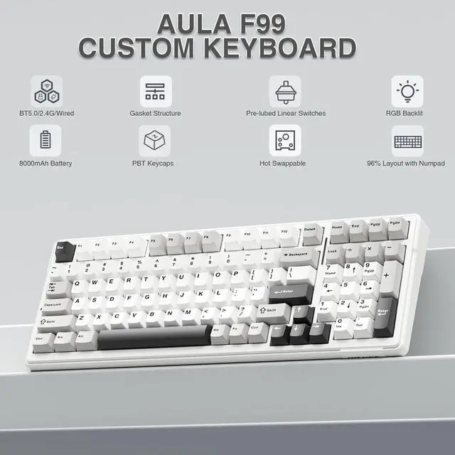 Alt view image 9 of 14 - AULA F99 Wireless Mechanical Keyboard,Tri-Mode BT5.0/2.4GHz/USB-C Hot Swappable Custom Keyboard,Pre-lubed Linear Switches,Gasket Structure,RGB Backlit Gaming Keyboards for PC/Tablet/PS/Xbox