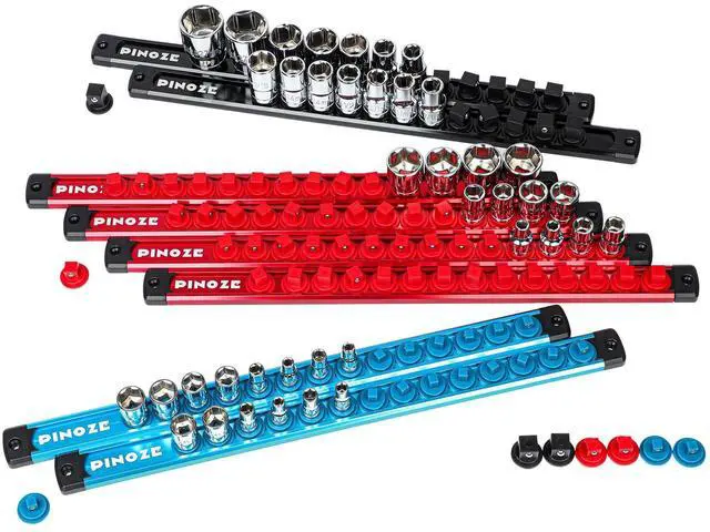 Main image of PINOZE 8PCS Magnetic Socket Holder Organizer Set - 1/4, 3/8, 1/2 - Aluminum Alloy Socket Rail Trays for Tool Box Drawer, Socket Rack Kit with 114Pcs Clips for Automotive Garage(Blue Red Black)
