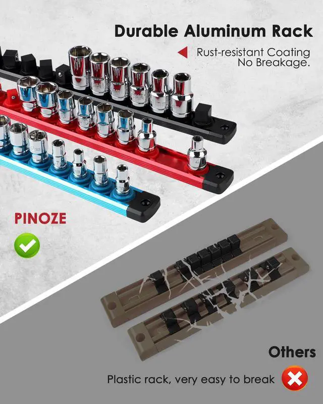 Alt view image 3 of 7 - PINOZE 8PCS Magnetic Socket Holder Organizer Set - 1/4, 3/8, 1/2 - Aluminum Alloy Socket Rail Trays for Tool Box Drawer, Socket Rack Kit with 114Pcs Clips for Automotive Garage(Blue Red Black)