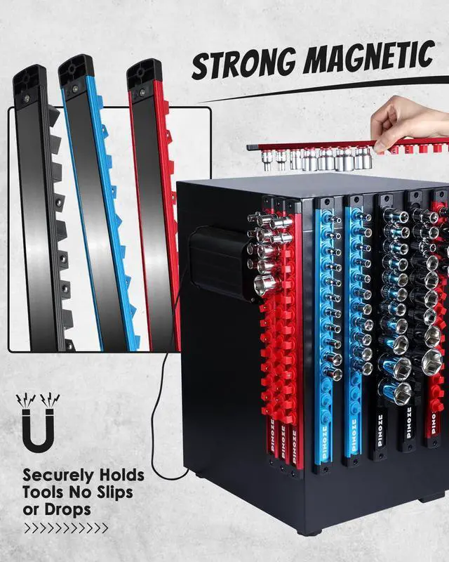 Alt view image 4 of 7 - PINOZE 8PCS Magnetic Socket Holder Organizer Set - 1/4, 3/8, 1/2 - Aluminum Alloy Socket Rail Trays for Tool Box Drawer, Socket Rack Kit with 114Pcs Clips for Automotive Garage(Blue Red Black)