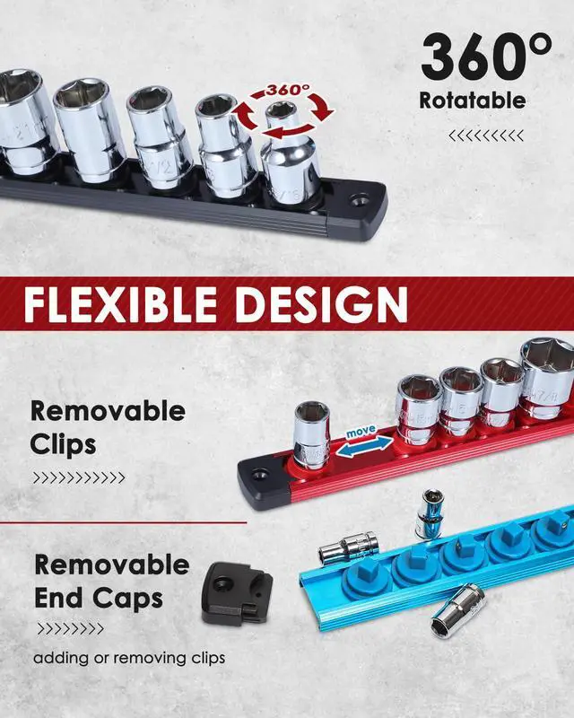 Alt view image 5 of 7 - PINOZE 8PCS Magnetic Socket Holder Organizer Set - 1/4, 3/8, 1/2 - Aluminum Alloy Socket Rail Trays for Tool Box Drawer, Socket Rack Kit with 114Pcs Clips for Automotive Garage(Blue Red Black)