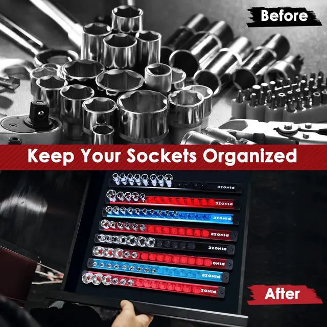 Alt view image 7 of 7 - PINOZE 8PCS Magnetic Socket Holder Organizer Set - 1/4, 3/8, 1/2 - Aluminum Alloy Socket Rail Trays for Tool Box Drawer, Socket Rack Kit with 114Pcs Clips for Automotive Garage(Blue Red Black)