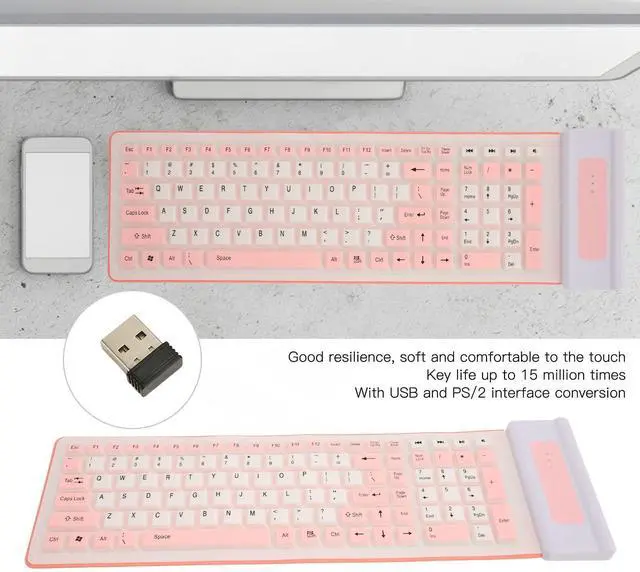 Alt view image 8 of 10 - Wireless Silicone Keyboard, Foldable Silicone Keyboard Soft Waterproof Rollup Keyboard for PC Laptop Notebook, 103 Keys, Mute Typing, Lightweight ()
