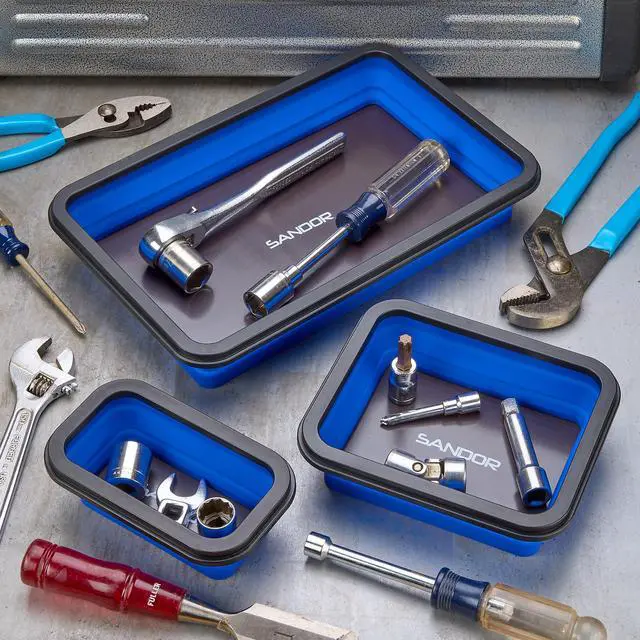 Alt view image 5 of 6 - Collapsible Magnetic Parts Tray Set - 3 Different Size Tool Trays for Screw, Bolts, Nuts, Washers, Pins and Other Small Metal Parts, Mechanic Tool Gifts for Men - Blue