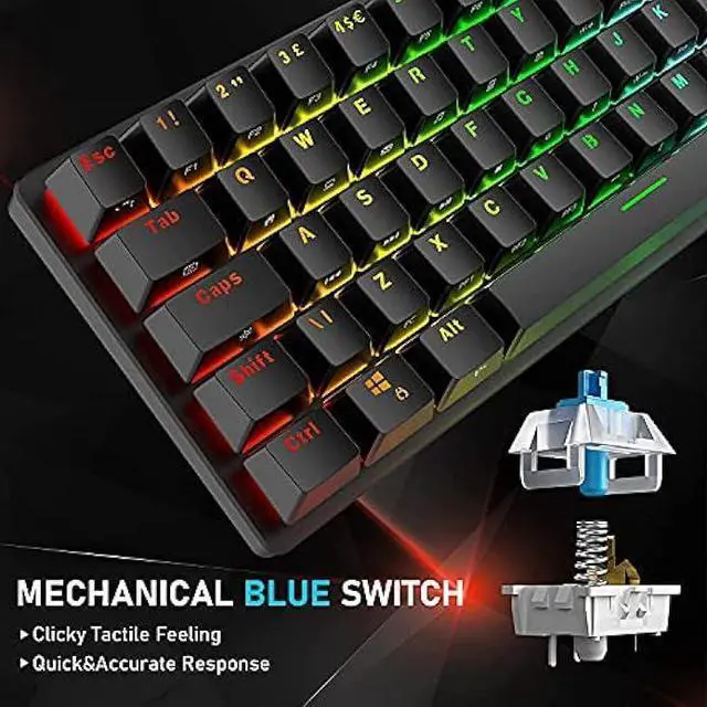 Alt view image 12 of 12 - Wired Gaming Keyboard Mouse Combo Chroma RGB Backlit Mechanical Keyboard with 61 Keys Anti-ghosting Floating Keycaps Metal Plate Type-C RGB Gaming Mouse 6400 DPI for PC Gamers (Black/Blue Switch)