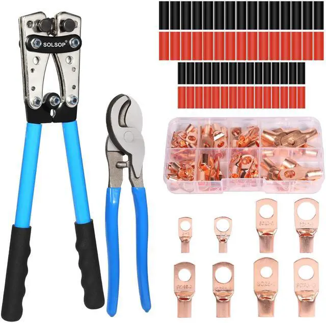 Main image of Solsop Battery Cable Crimper Tool for AWG 10, 8, 6, 4, 2, 1/0 Gauge Electrical Lug, Battery Lug Crimping Tool with 62PCS Copper Wire Lugs and Heat Shrink Tubing, Cable Cutter