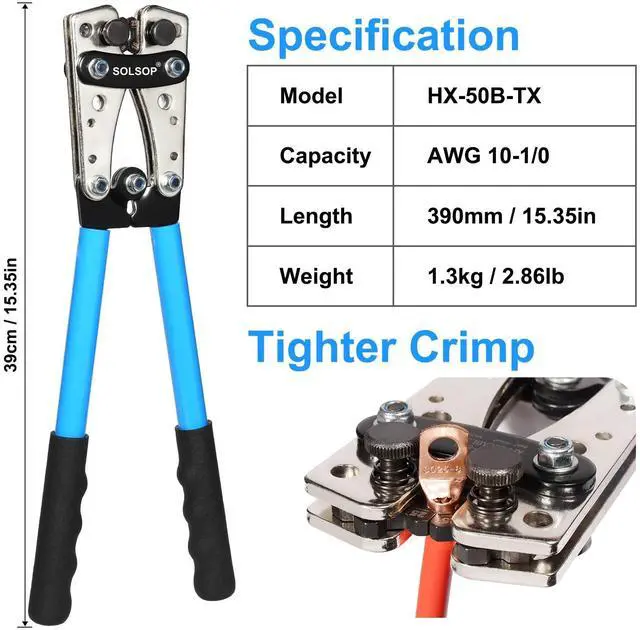Alt view image 2 of 5 - Solsop Battery Cable Crimper Tool for AWG 10, 8, 6, 4, 2, 1/0 Gauge Electrical Lug, Battery Lug Crimping Tool with 62PCS Copper Wire Lugs and Heat Shrink Tubing, Cable Cutter