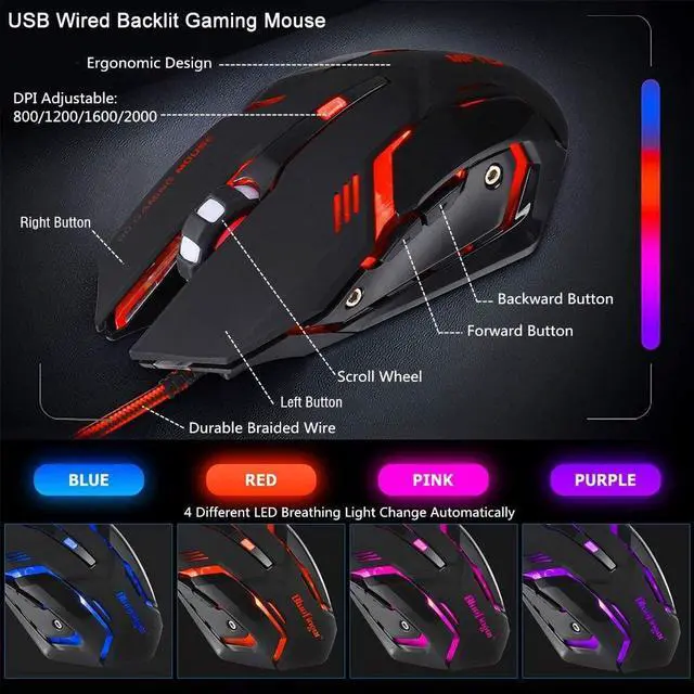 Alt view image 11 of 14 - RGB Gaming Keyboard and Backlit Mouse Combo,BlueFinger USB Wired Backlit Keyboard,LED Gaming Keyboard Mouse Set for Laptop PC Computer Game and Work