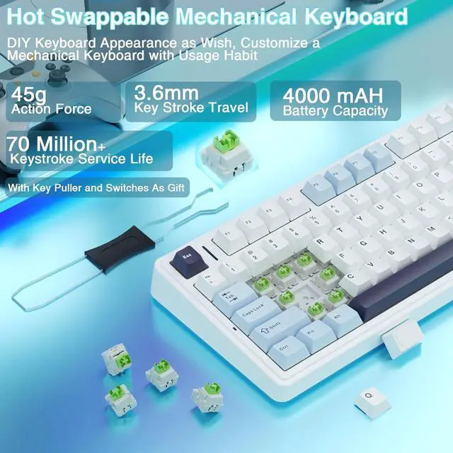 Alt view image 12 of 14 - F75 75% Wireless Mechanical Keyboard,Gasket Hot Swappable Custom Keyboard,Pre-lubed Reaper Switches RGB Backlit Gaming Keyboard,2.4GHz/Type-C/Bluetooth Mechanical Keyboard (White & Blue)