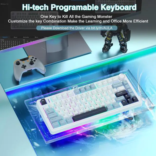 Alt view image 13 of 14 - F75 75% Wireless Mechanical Keyboard,Gasket Hot Swappable Custom Keyboard,Pre-lubed Reaper Switches RGB Backlit Gaming Keyboard,2.4GHz/Type-C/Bluetooth Mechanical Keyboard (White & Blue)