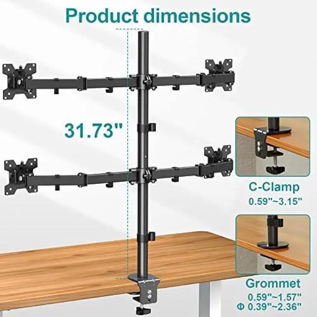 Alt view image 9 of 12 - MOUNT PRO Quad Monitor Stand, 4 Monitor Mount for 13 to 27 inch Computer Screens, Hold up to 17.6lbs Each, Fully Adjustable Stacked 4 Monitor Desk Mount, VESA Mount, C clamp/Grommet Base