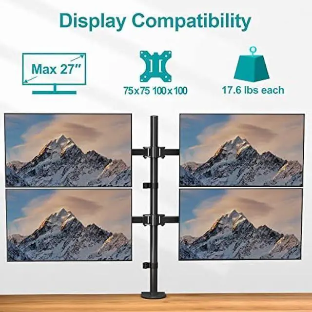 Alt view image 10 of 12 - MOUNT PRO Quad Monitor Stand, 4 Monitor Mount for 13 to 27 inch Computer Screens, Hold up to 17.6lbs Each, Fully Adjustable Stacked 4 Monitor Desk Mount, VESA Mount, C clamp/Grommet Base