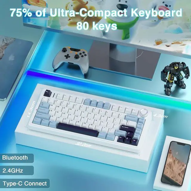 Alt view image 9 of 14 - F75 75% Wireless Mechanical Keyboard,Gasket Hot Swappable Custom Keyboard,Pre-lubed Reaper Switches RGB Backlit Gaming Keyboard,2.4GHz/Type-C/Bluetooth Mechanical Keyboard (White & Blue)