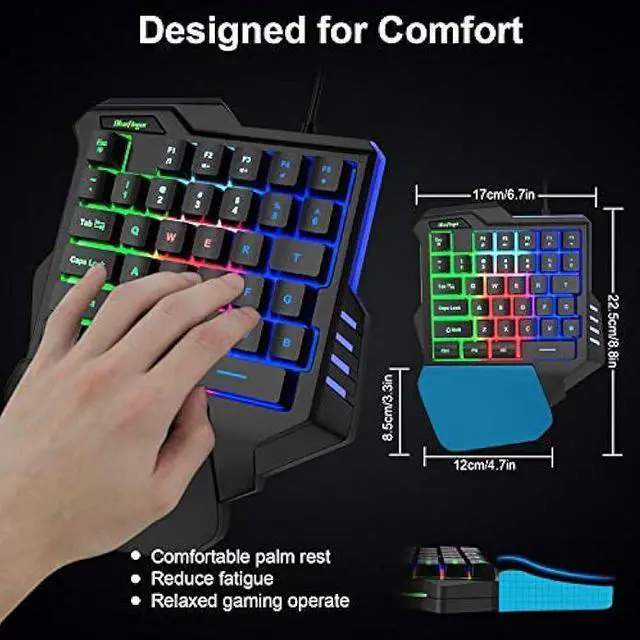 Alt view image 11 of 14 - One Hand RGB Gaming Keyboard,USB Wired Rainbow Letters Glow Single Hand Keyboard with Wrist Rest Support Multimedia Keys, Backlit Ergonomic Mechanical Feeling Keyboard for Game