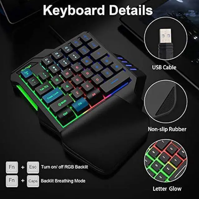 Alt view image 12 of 14 - One Hand RGB Gaming Keyboard,USB Wired Rainbow Letters Glow Single Hand Keyboard with Wrist Rest Support Multimedia Keys, Backlit Ergonomic Mechanical Feeling Keyboard for Game
