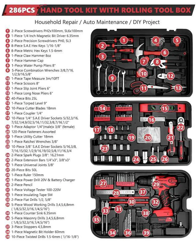 Alt view image 2 of 7 - KINGTOOL Home Tool Set Kit - 286 PCS Home Auto Repair Tool Kit with Rolling Tool Box, Mechanic Tool Sets with 21V Max Cordless Power drill, Perfect for Homeowner, Diyer, Handyman